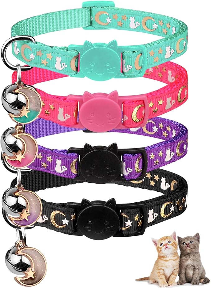 4PCS Cat Collar with Bells,Breakaway Cat Collars,Moons Stars Cute Kitty Adjustable Safe Kitten Collars Pendant Glow in The Dark,Cat Collars for Girl Cats 8.0-13.0 Inch(Black&Purple&Pink&Teal)