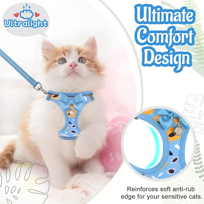 Cat Harness and Leash Escape Proof for Walking, Adjustable Soft Kitten Harness with Reflective Straps Step in Cat Vest Harness for Small Kitten and XS Dogs (Blue, M)