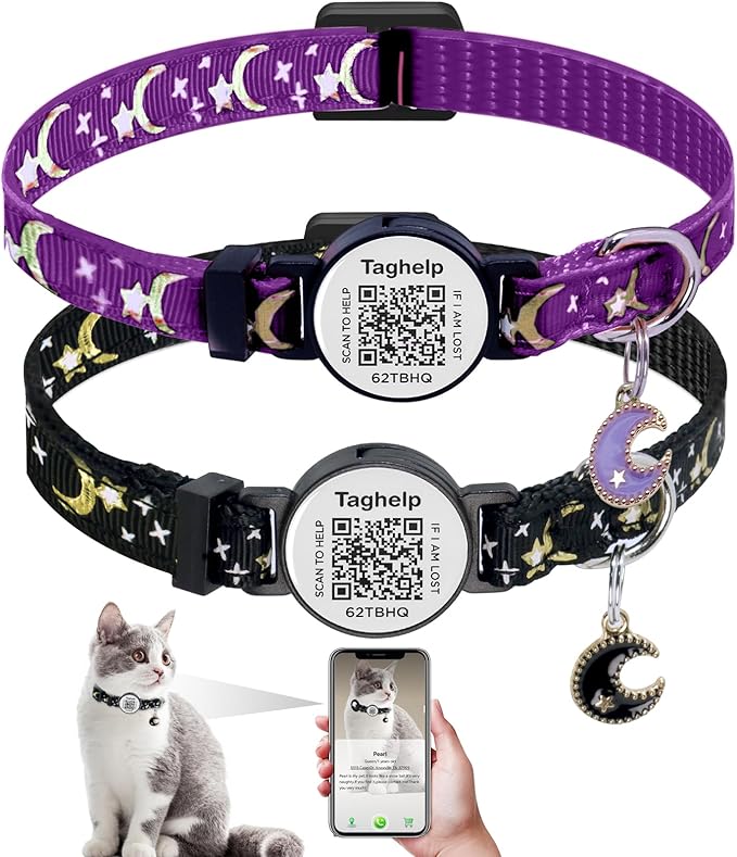 2PCS Breakaway Cat Collars with Moons Stars Cute Kitty Adjustable Safe Kitten Collars with Smart ID QR Code tag,Moon and Star Kitten Safety Collars for Boys & Girls(Black & Purple)