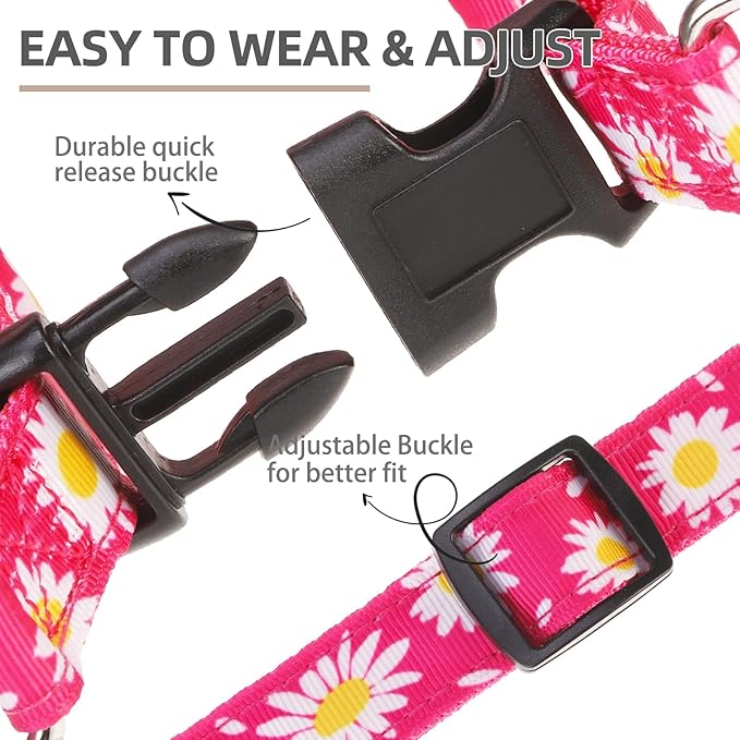 PUPTECK No Pull Dog Harness Soft Adjustable Basic Nylon Step in Puppy Vest Outdoor Walking with ID Tag, Fuchsia Daisy, L