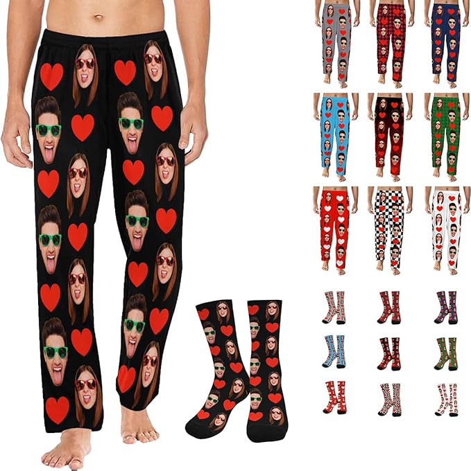 Artsadd Personalized Christmas Pajama Pants Socks for Men Custom Photo Pajama Bottoms for Men S-XXL