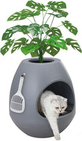 Eggloa6 Hidden Cat Litter Box with Artificial Plants - Egg-Shaped Enclosure Includes Scoop, Discreet Furniture for Home Decor, DIY Assembly Cat Litter Box Cabinet for Living Room(Grey)