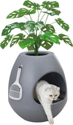 Eggloa6 Hidden Cat Litter Box with Artificial Plants - Egg-Shaped Enclosure Includes Scoop, Discreet Furniture for Home Decor, DIY Assembly Cat Litter Box Cabinet for Living Room(Grey)