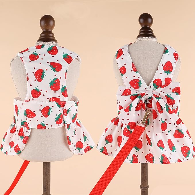 Dog Dress Bowknot Harness Leash Set for Small Dogs Red Strawberry Dog Cat Clothes Cute Puppy Outfits Pet Clothes Spring Summer Breathable Dresses(X-Samll)