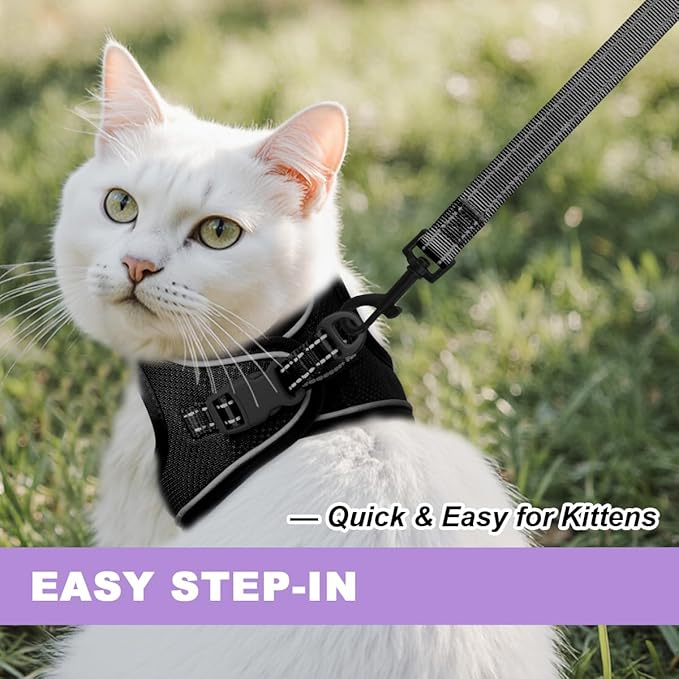 Cat Harness and Leash Set,Escape Proof Kitten Harness,Step in Adjustable Soft Lightweight,Easy Control,Reflective Strips Comfortable for Walking Travel(Black,XXXS)