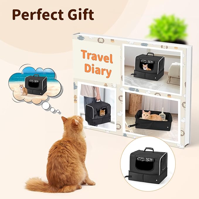 Cat Enclosed Travel Litter Box Kit with Lid Odorless Dustless, Lightweight Cat Portable Foldable Litter Box for Indoor and Car