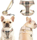 PUPTECK Soft Mesh Dog Harness Small Sized and Leash Set Pet Puppy Cat Comfort Padded Vest No Pull Harnesses, Beige Plaid, Openable Neck, New M