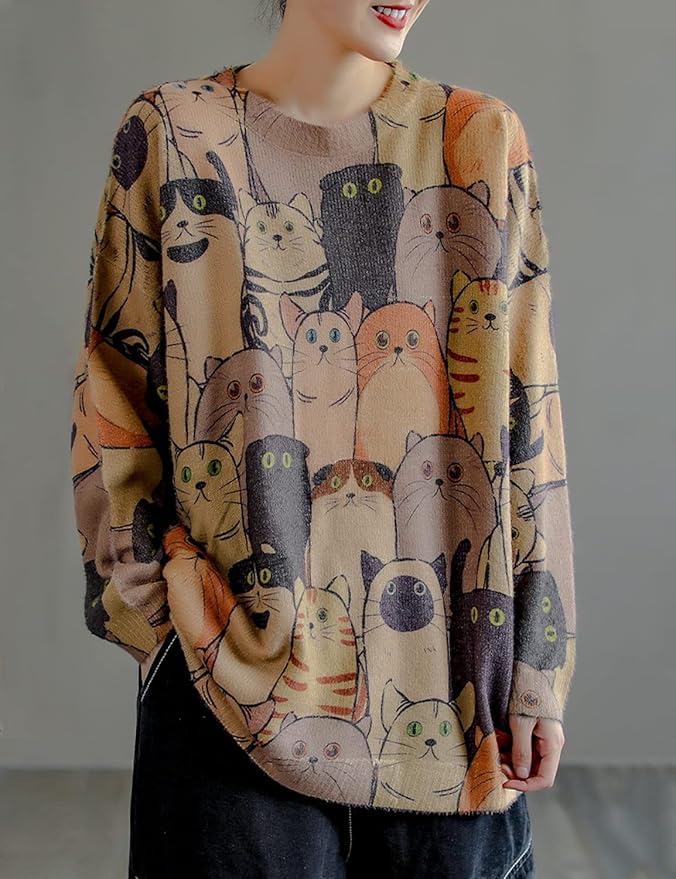 YESNO Women Christmas Sweater Graphic Printed Oversized Pullover Sweaters Casual Loose Knit Tops S01