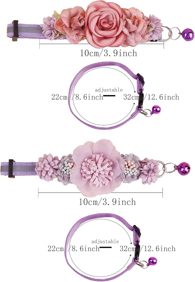 2 Pack Cat Collar Pink Floral with Bell and Removable Flower Bowtie Breakaway Adjustable Cat Collar for Girl Kitten Puppy Small Cats Dogs Daily Decoration (XQ10-3)