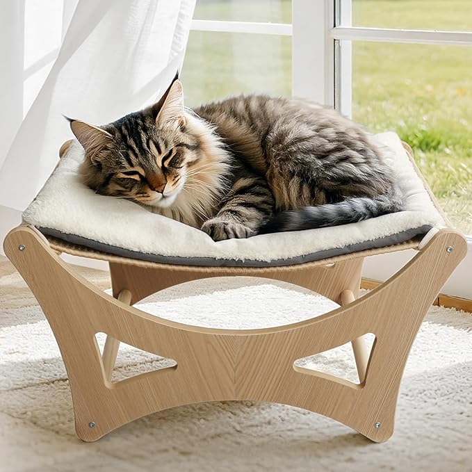 Cat Hammock Bed, Wooden Elevated Cat Beds with Natural Sisal Scratching Mat, Cats Scratcher Bed with Removable Soft Cushion, Cats Scratching Beds with Wood Frames, 22" L x 17.7" W