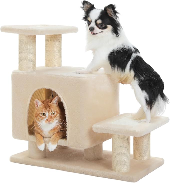 3-in-1 Dog Stairs & Cat Scratching Post with Condo, Pet Steps for High Beds, Sofa, Couch, Tall Cat Tower, High-Strength Boards for Indoor Small Cats Kittens Dogs Climbing Playing, 3 Steps-Beige