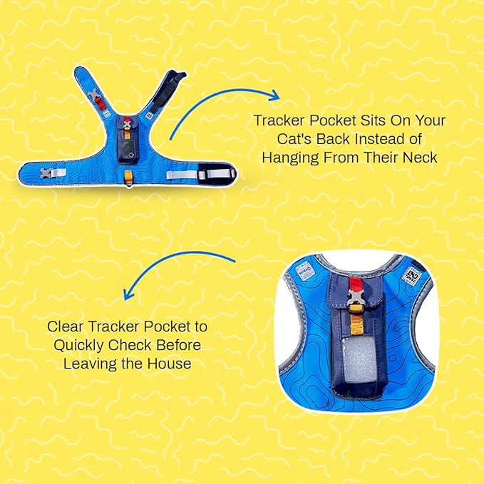 Travel CAT The Pathfinder Cat Harness with GPS Tracker Pocket - Powered by Tractive Cat Harness Escape Proof - Walking Escape Proof Harness for Small, Large Cat, Kitten (Blue, Small)