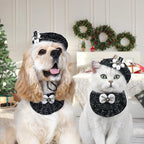 HOWWFALY 2PCS Cat Beret Hat with Camellia, Adjustable Bow Bandana Scarf Set Pet Princess Costume for Halloween Christmas, Cat Dog Birthday Party Apparel (Camellia)
