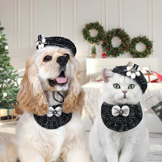 HOWWFALY 2PCS Cat Beret Hat with Camellia, Adjustable Bow Bandana Scarf Set Pet Princess Costume for Halloween Christmas, Cat Dog Birthday Party Apparel (Camellia)