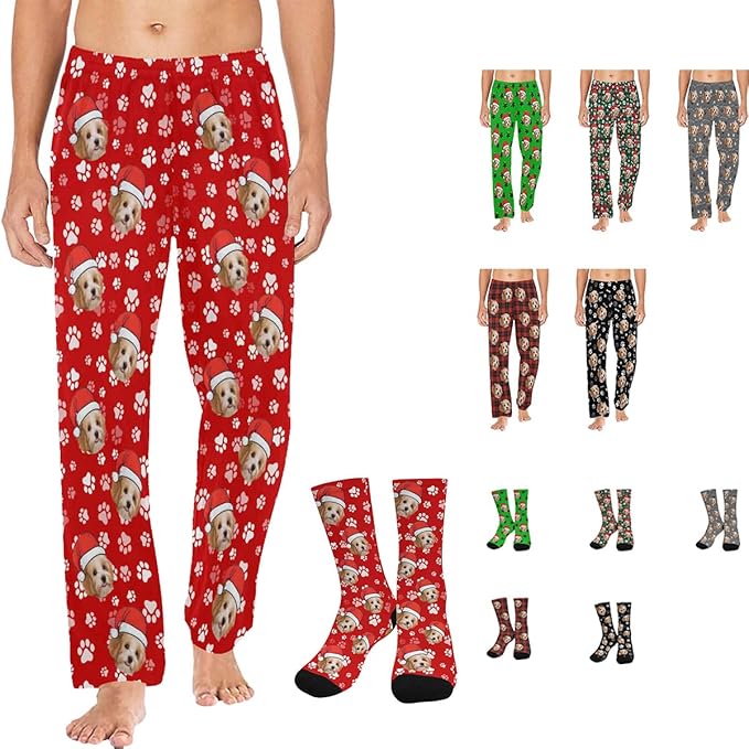 Artsadd Personalized Christmas Pajama Pants Socks for Men Custom Photo Pajama Bottoms for Men S-XXL