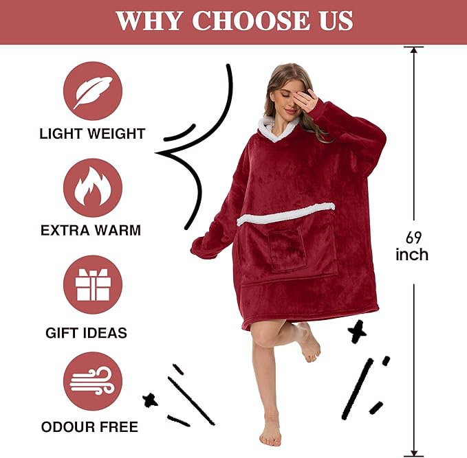 Wearable Blanket Hoodie with Giant Pocket, Soft Warm Sherpa Fleece Oversized Blanket Sweatshirt Gifts for Women Men