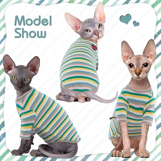 DENTRUN Hairless Cats Shirt Breathable Cat Daily Wear Clothes Stripe Vest Adorable Pajamas Jumpsuit Soft & Skin-Friendly