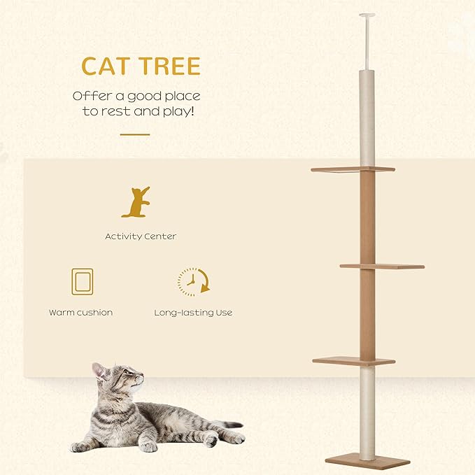 PawHut Floor-to-Ceiling Cat Tree Cat Climbing Tower with Sisal-Covered Scratching Posts Natural Cat Tree Activity Center for Kittens Cat Tower Furniture, Light Brown