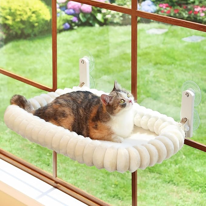 Zakkart SnugCloud Foldable Cat Window Perch - Cordless, Ultra Soft Machine Washable Bed with 4-Sided Bolster, Metal Frame - Window Hammock for Large Cats and Kittens (Cream White, Medium)