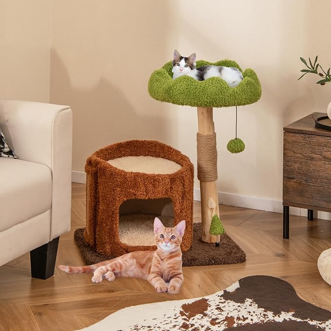 Tangkula Solid Wood Cat Tree, Natural Branch Cute Kitten Tower with Jute Scratching Post & Mat, Tree Hole Condo, Bed, Perch, Dangling & Spring Balls, Small Cat Climbing Stand for Indoor Cats & Kittens