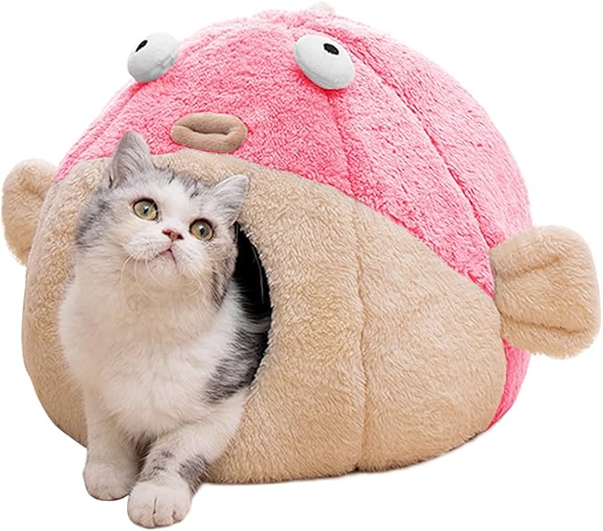 Cat Beds for Indoor Cats - Cat Bed Cave with Removable Washable Cushioned Pillow, Soft Plush Premium Cotton No Deformation Pet Bed, Lively Pufferfish cat House Design, Pink, Multiple Sizes