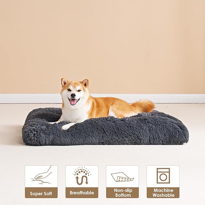 EHEYCIGA Fluffy Dog Crate Bed for Large Dogs, Plush Faux Fur Crate Pad, Calming Anti Anxiety Large Dog Bed, Washable Soft Warm Mat with Non-Slip Bottom, Dark Grey