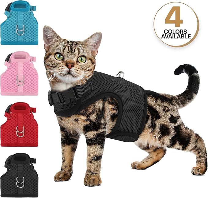 MoNiBloom Soft Cat Harness for Walking Escape Proof and Travel, Kitten Adjustable Breathable Vest Harness - Black, S