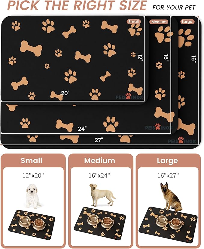 Cat Dog Food Mat, Rapid Water Absorption Dog Mat for Food and Water,100% Waterproof Cat Dog Bowl Mat,16"x24"-Black
