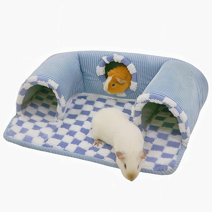 Guinea Pig Hideout Tunnel with Warm Bed for Small Pet 3 Cave Small Animal Tunnel Toy Cages Blue
