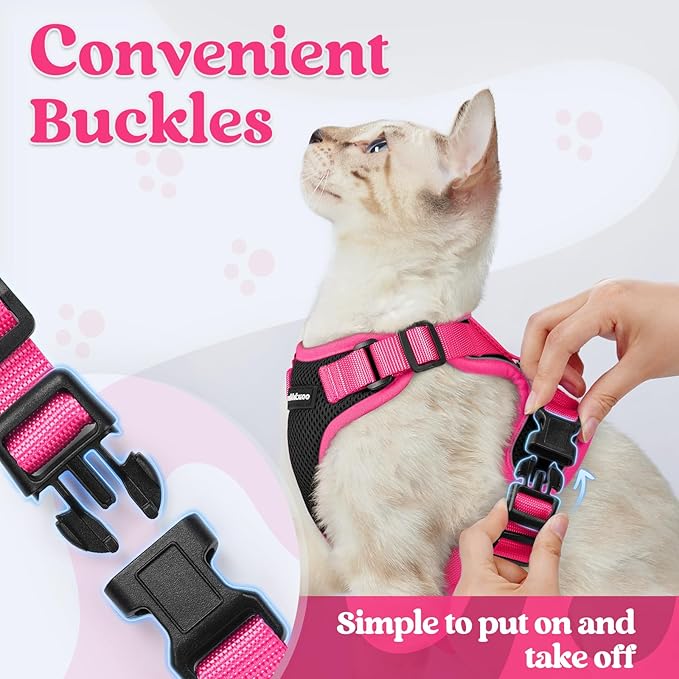rabbitgoo Cat Harness and Leash Set, Escape Proof Soft Adjustable Vest Harnesses for Outdoor Walking, Easy Control Breathable Kitten Jacket with Reflective Strips, Black & Rose Pink, S