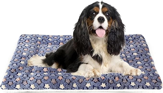 Mora Pets Dog Bed Crate Pad Ultra Soft Pet Bed with Cute Star Print Washable Crate Mat for Large Medium Small Dogs Reversible Fleece Dog Crate Kennel Mat Cat Bed Liner 29 x 21 inch Dark Blue