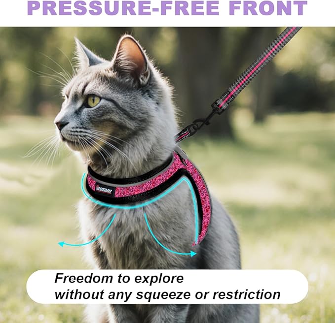 Cat Harness and Leash Set,Escape Proof Kitten Harness,Step in Adjustable Soft Lightweight,Easy Control,Reflective Strips Comfortable for Walking Travel(Pink/Black,XXS)