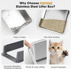 FURTIME Stainless Steel Cat Litter Box with Lid, Metal Kitty Litter Box for Small Cats, Kitten Litter Boxs with Scoop and Mat, Non-Sticky, Anti-Leakage, Easy to Clean, 17"x13"x8.4" (Small)