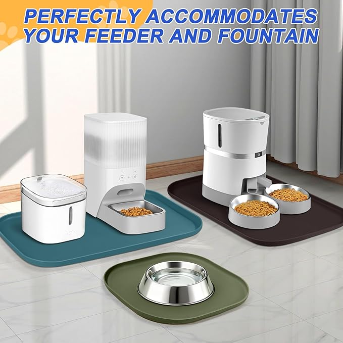Silicone Pet Feeding Mat with Raised Edge for Food and Water, Dog Bowl Mats, Cat Bowls Placemat with High Lip for Floor Waterproof, Rubber Tray for Cats and Dogs 19 x 12 x0.7 Brown