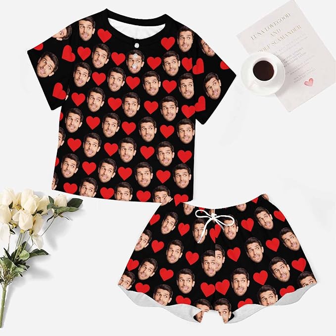 Custom Short Pajamas Set with Face Photo Women‘s Sleepwear Tee Personalized PJ Short Loungewear Set fot Her