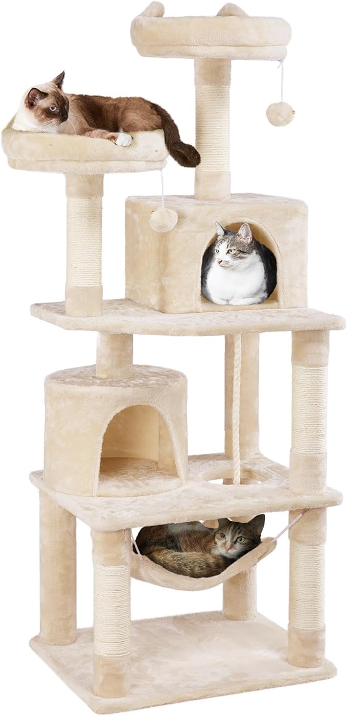 Yaheetech 62.5inches Cat Tree Cat Tower Kitten Condo with Platform & Hammock, Scratching Posts for Kittens Pet Play House with Plush Perch for Indoor Activity Relaxing, Beige