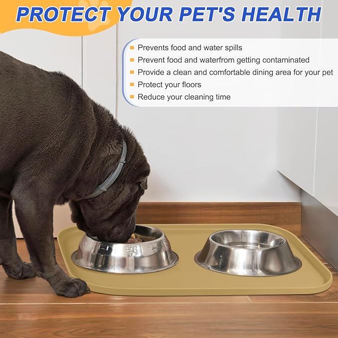 Silicone Pet Feeding Mat with Raised Edge for Food and Water, Dog Bowl Mats, Cat Bowls Placemat with High Lip for Floor Waterproof, Rubber Tray for Cats and Dogs 22 x 14 x0.8 Dark Beige