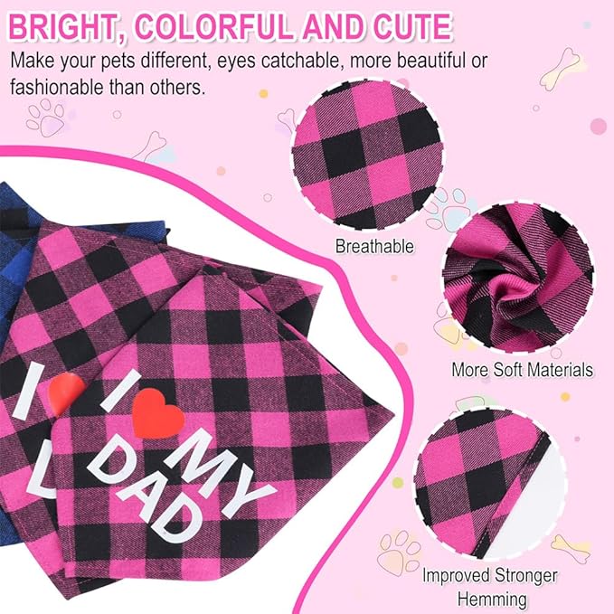 GreenJoy Cute Plaid Dog Bandana – Washable Pet Triangle Scarf for Small, Medium, Large Dogs and Cats, Adjustable Pet Accessory for Birthday, Wedding and Christmas (Pink (I Love My Dad), Medium)