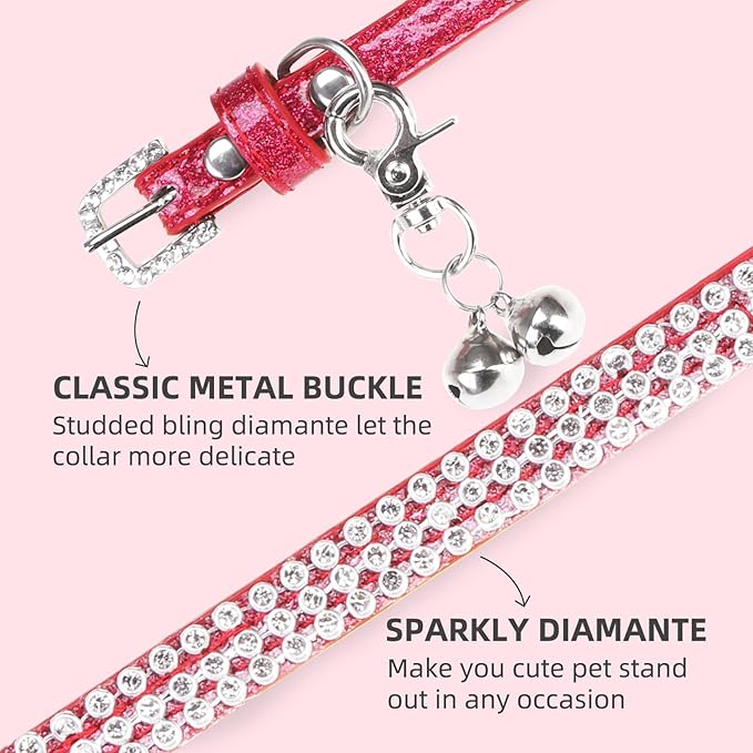 PUPTECK Basic Adjustable Cat Collar with Bling Diamond and Double Bells, for Kitten and Small Puppy, Fashion and Shining Dog Rhinestone Collars, 8-10in, Red