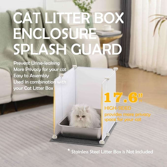 MEEXPAWS Cat Litter Box Enclosure Splash Guard Small 20.5L × 14W x 18H inch, Light Weight Plastic Sheets with Cat Litter Mat Easy Clean (White)