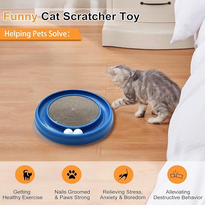 Interactive Cat Ball Track Toy for Indoor Cats, Cat Scratching Board & Exercise Set for Bored Indoor Adult and Kitten Mental & Physical Stimulation, with Spare Ball to Prevent Loss (Blue)