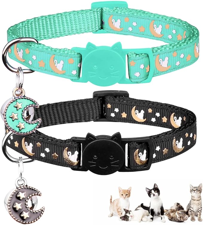 2Pcs Breakaway Cats Collars Cat Collars for Boy & Girl Cats Adjustable Kitten Collars with Bell,Black+Teal,8"-13.1"