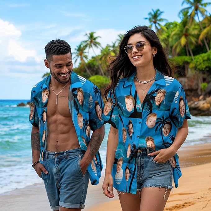 Custom Hawaiian Shirt with Face for Men, Unisex Tropical Beach Shirts Personalized Casual Funny Hawaii Button Down Shirts
