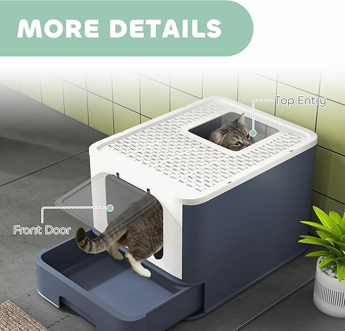 PawHut Cat Litter Box with Lid, Covered Large Cat Litter Box with Scoop, Front Entry and Top Exit, Easy to Clean Kitty Litter Box for Large Adult Cats, White