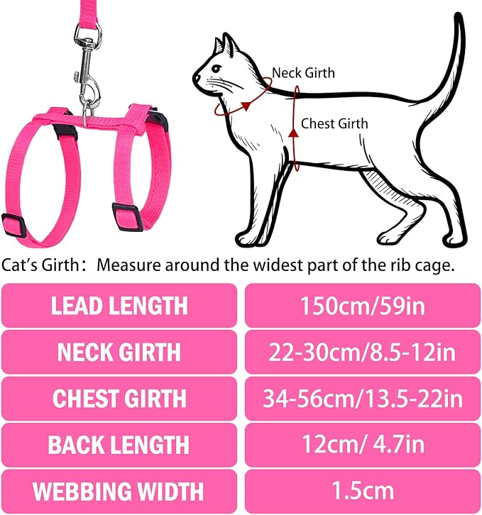 PUPTECK Adjustable Cat Harness and Leash Set Escape Proof Kitten Strap Collar for Walking Travel, Hot Pink, M