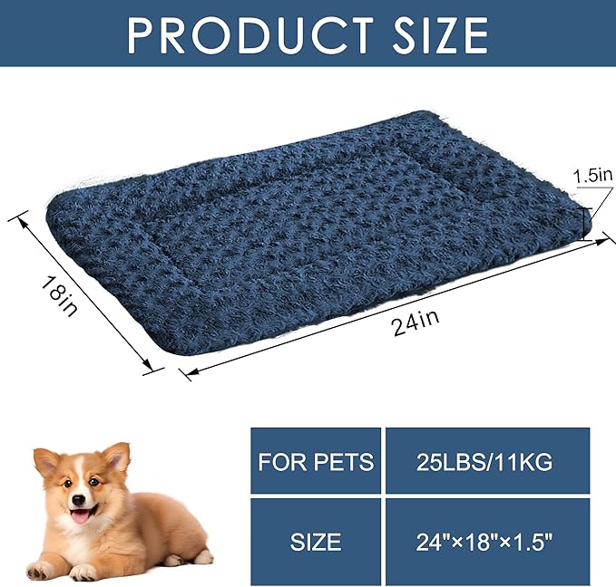 Washable Dog Bed Plush Orthopedic Outdoor Crate Mat with Non-Slip Bottom,Luxe Soft Kennel Pad for Pets, Cozy Cage Cushion & Pet Sleeping Mattress Large Sized,Medium,Small Dogs,24 x 18 inch,Blue