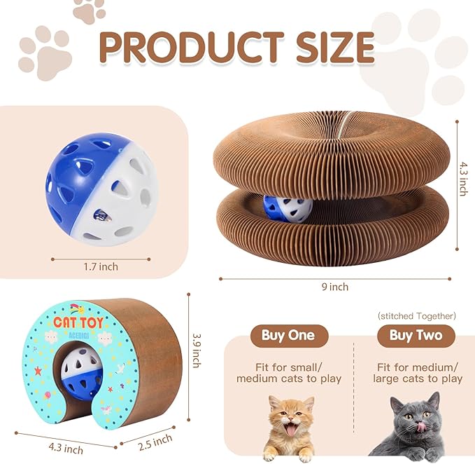 2Pack Extensible Large Magic Organ Cat Scratcher Toy | Upgraded Durable Cardboard Scratching Board with Bell Ball, Interactive Enrichment Toy for Indoor Cats & Kittens