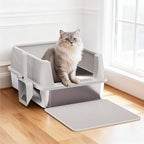 Henkelion Stainless Steel Cat Litter Box with Lid, Extra Large Litter Box for Big Cats with High Sided, Non-Sticky, Anti-Urine Leakage, Easy Cleaning, Include Cat Mat and Scoop with Holder (S)