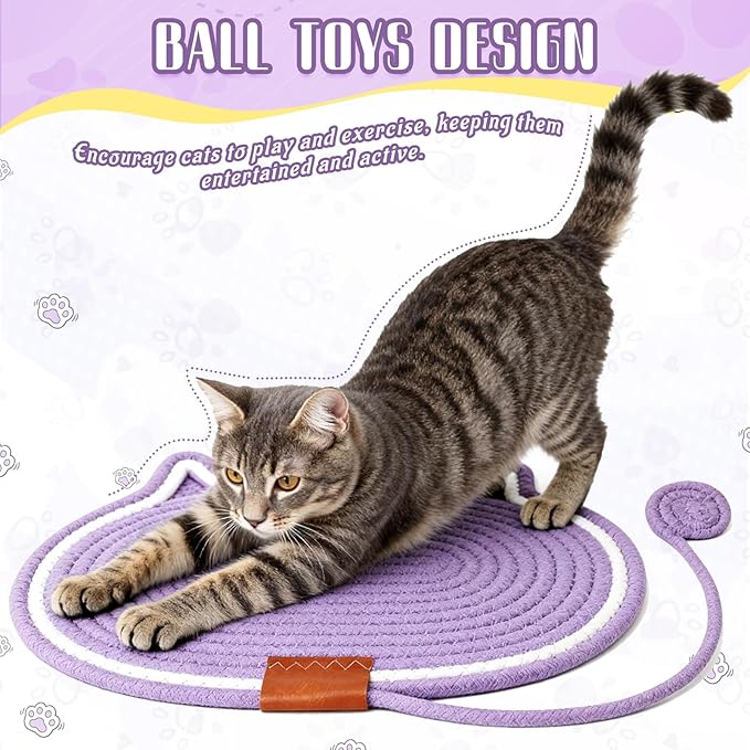 2 PC Cat Scratcher Mat - Natural Cotton Rope Oval Horizontal Scratch Pad (11''x13.7'') with Dangling Ball Toy, Cat Ear Design, Furniture Protector for Floor/Wall, Durable Handmade (Green, 2 PC)
