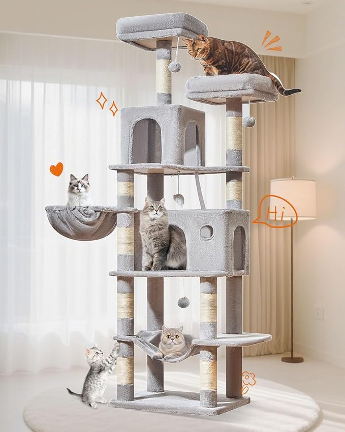 Taoqimiao Large Cat Tree，73-Inch Cat Tree Tower with 9 Scratching Posts for Indoor Cats, 2 Large Cat Condo with Hammock, Hanging Basket, 2 Extended Platform, Light Gray MS013XLW